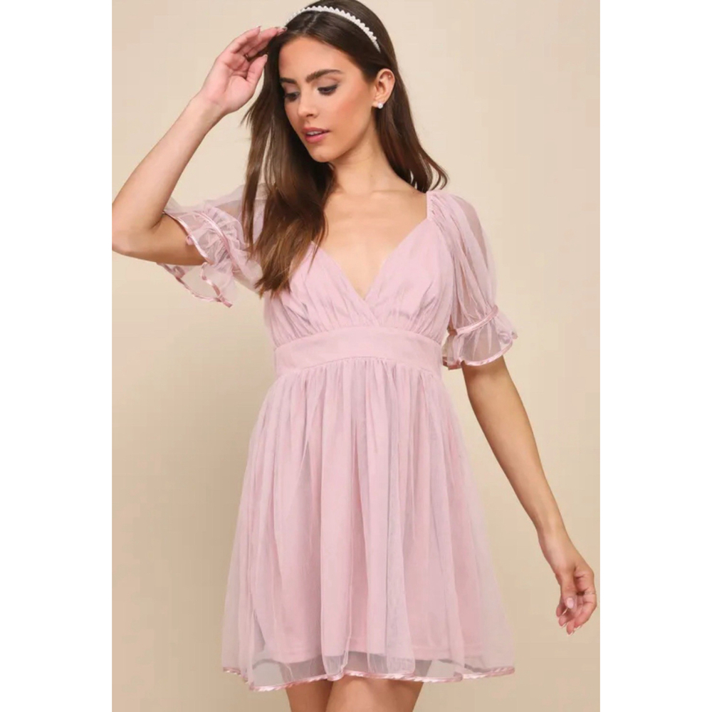 Lulus NWT $79 Sweetly Charming Blush Pink Mesh Surplice Puff Sleeve Mini Dress